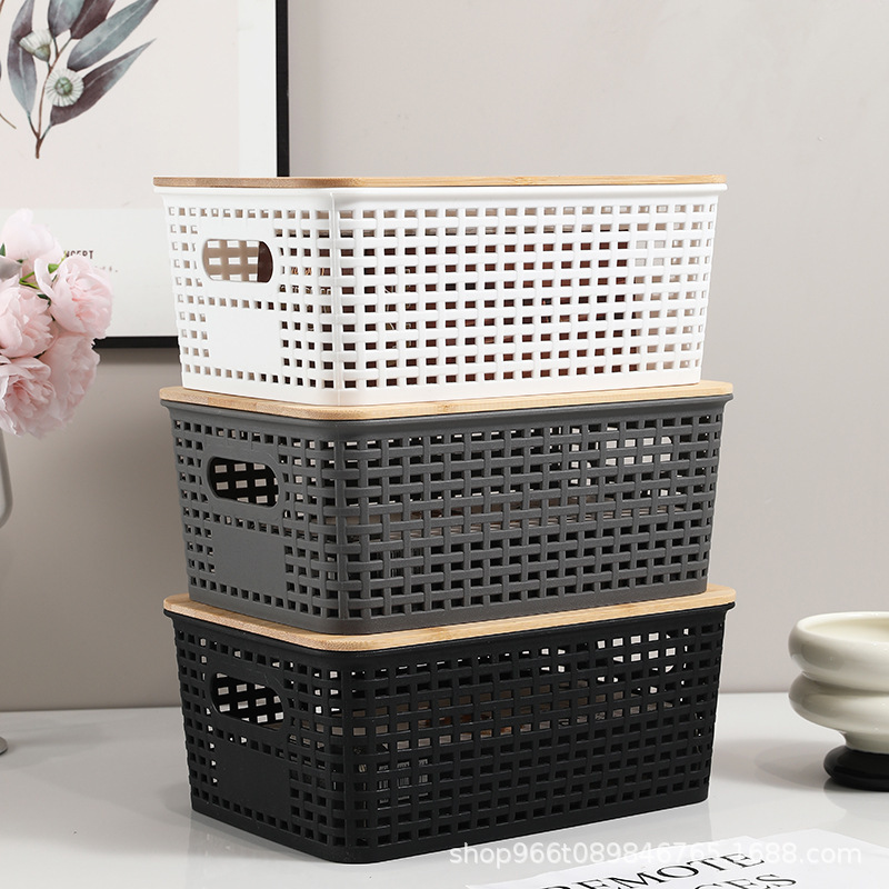 プラスチック中空織物収納バスケットおもちゃ本デスクトップチェック柄竹カバー付き積み重ね可能な収納バスケット卸売|undefined