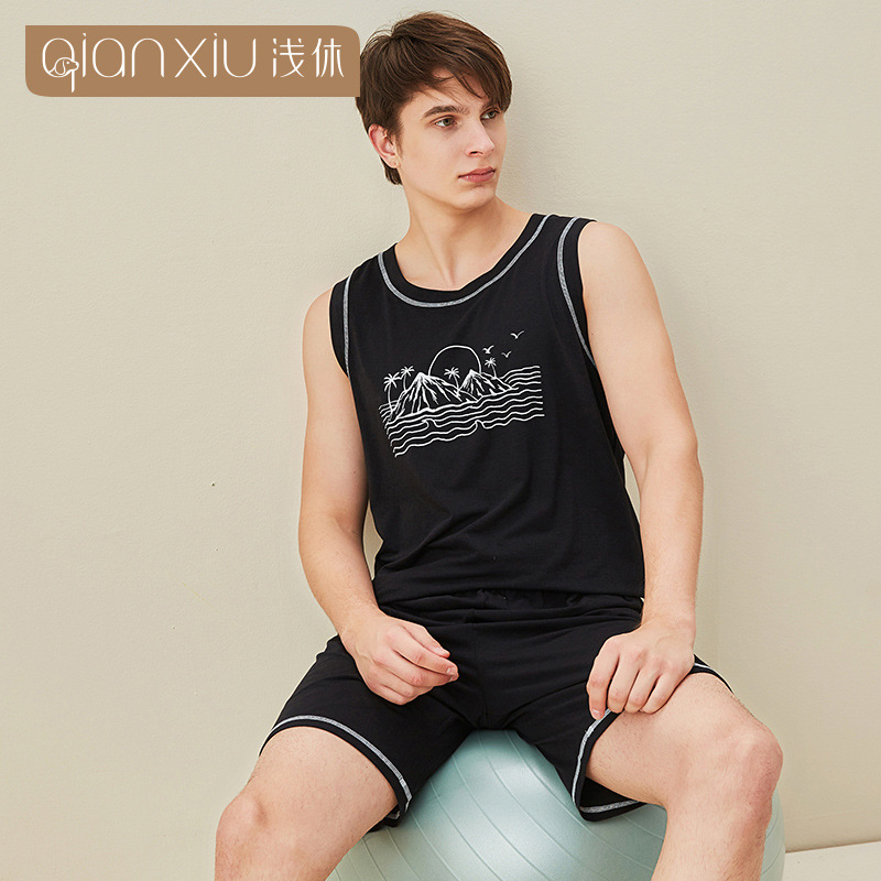 男士夏季睡衣 夏季無袖竹纖維印花家居服套裝男士竹纖維睡衣21290