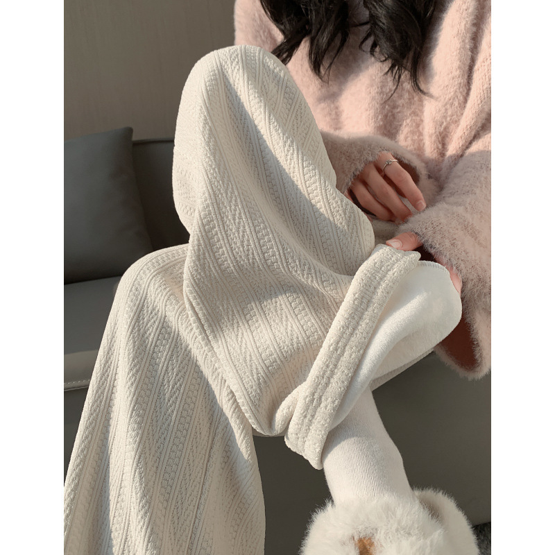 White Fleece-Lined Wide-Leg Pants for Women, Autumn and Winter Thickened Warm Cotton Pants, Casual Chenille Straight-Leg Pants for Outdoor Wear
