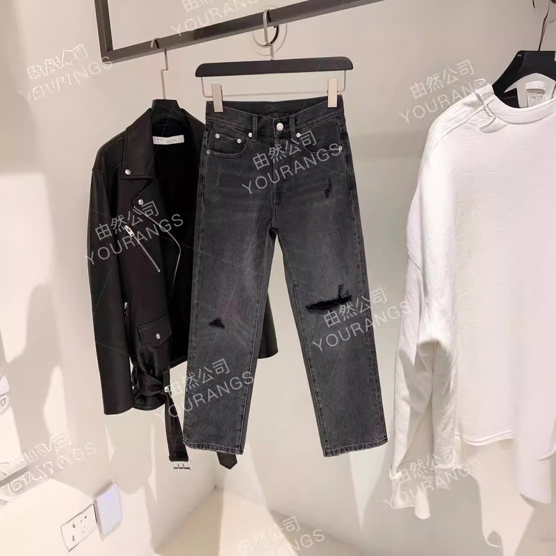 【Clearance 90】American Ag Velvet Gray 13 oz Turkish Ripped High-Waisted Loose Straight-Leg Jeans