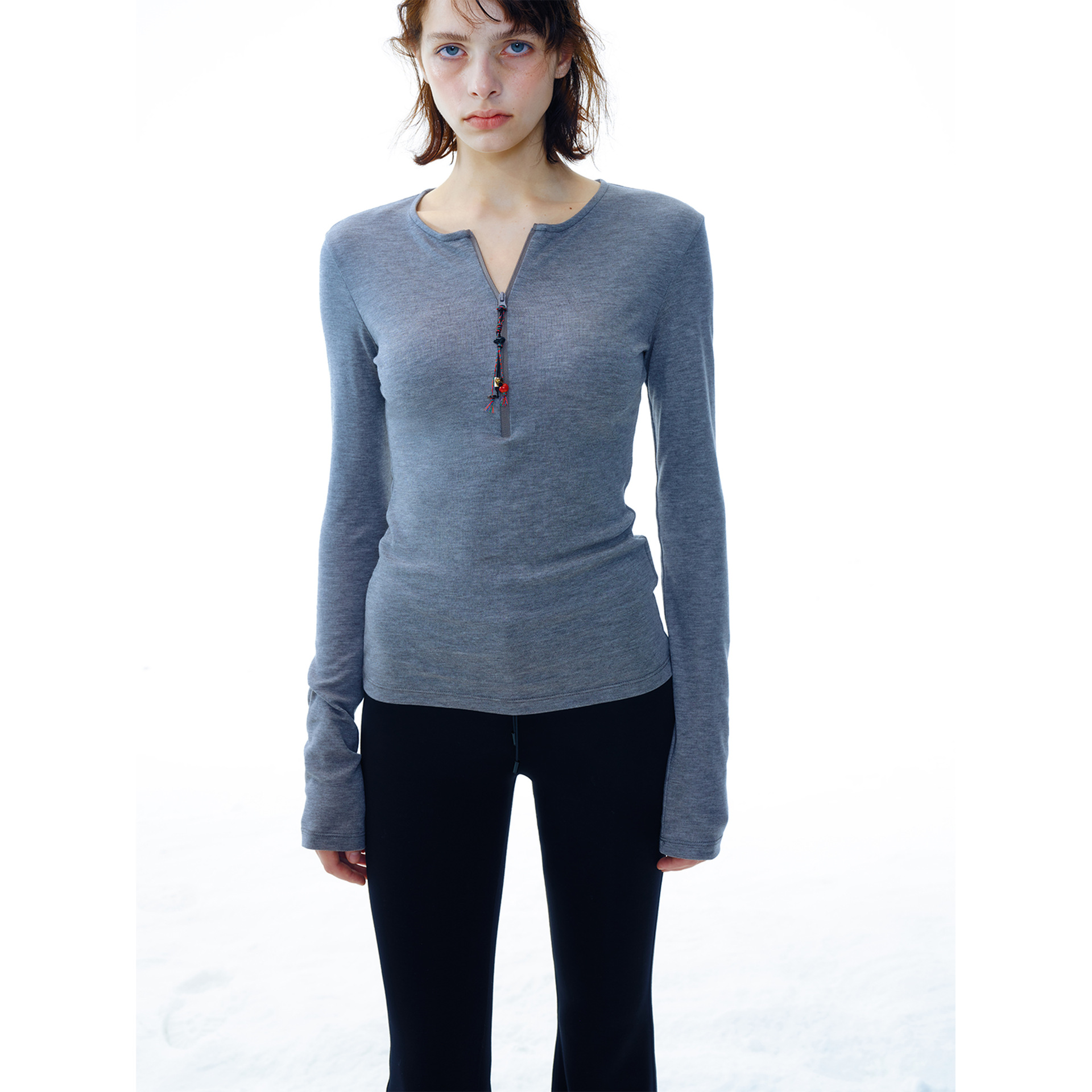 [识时]新品天丝羊毛拉链圆领套头长袖贴身舒适打底衫上衣女V9777