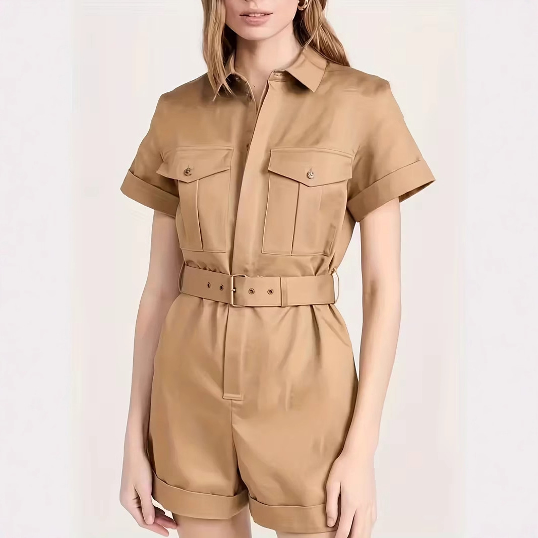 Stylish Women's Belted Jumpsuit With Pockets And Collared Shorts_voghion.com
