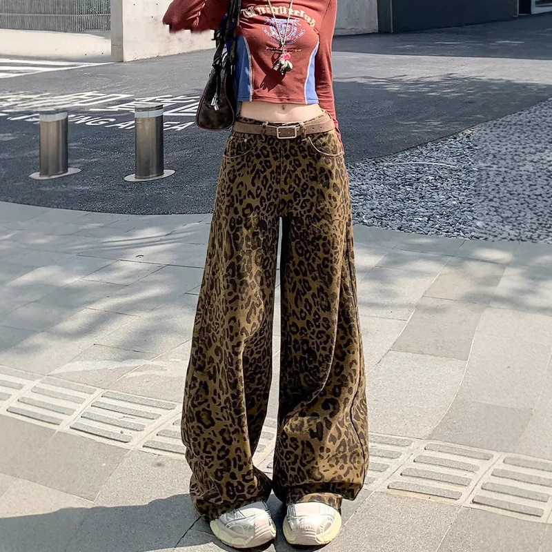 [Han Niu] American High Street Retro Leopard Print Wide-Leg Jeans for Women in Autum High-Waisted Loose Straight Floor-Length Pants