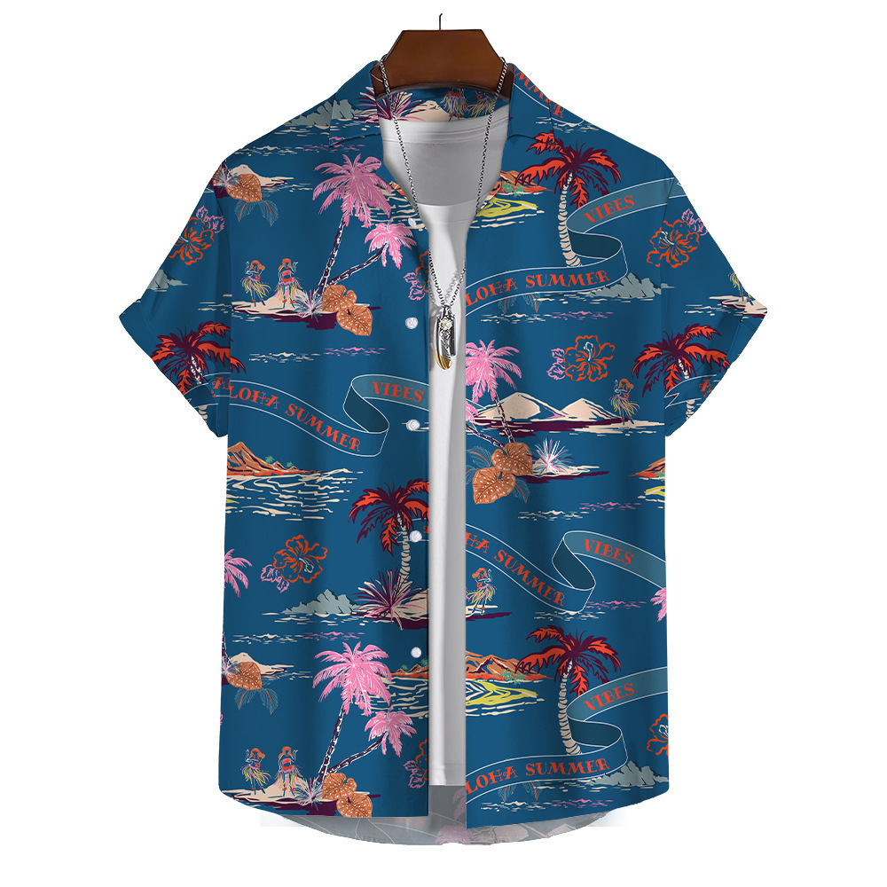 2024 Camisa transfronteriza de manga corta para hombre de primavera y otoño Camisa impresa digital 3D Camisa hawaiana de árbol de coco de fábrica