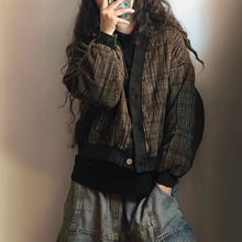 复古炒色夹棉格子外套女 开衫2025冬新款V领宽松百搭休闲时尚棉衣