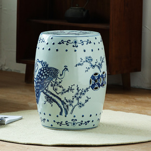 New Chinoiserie Blue and White Porcelain Classical Ceramic Drum Pier Ceramic Drum Stool Embroidered Pier Export Porcelain Stool European and American Style Shoe Changing Stool