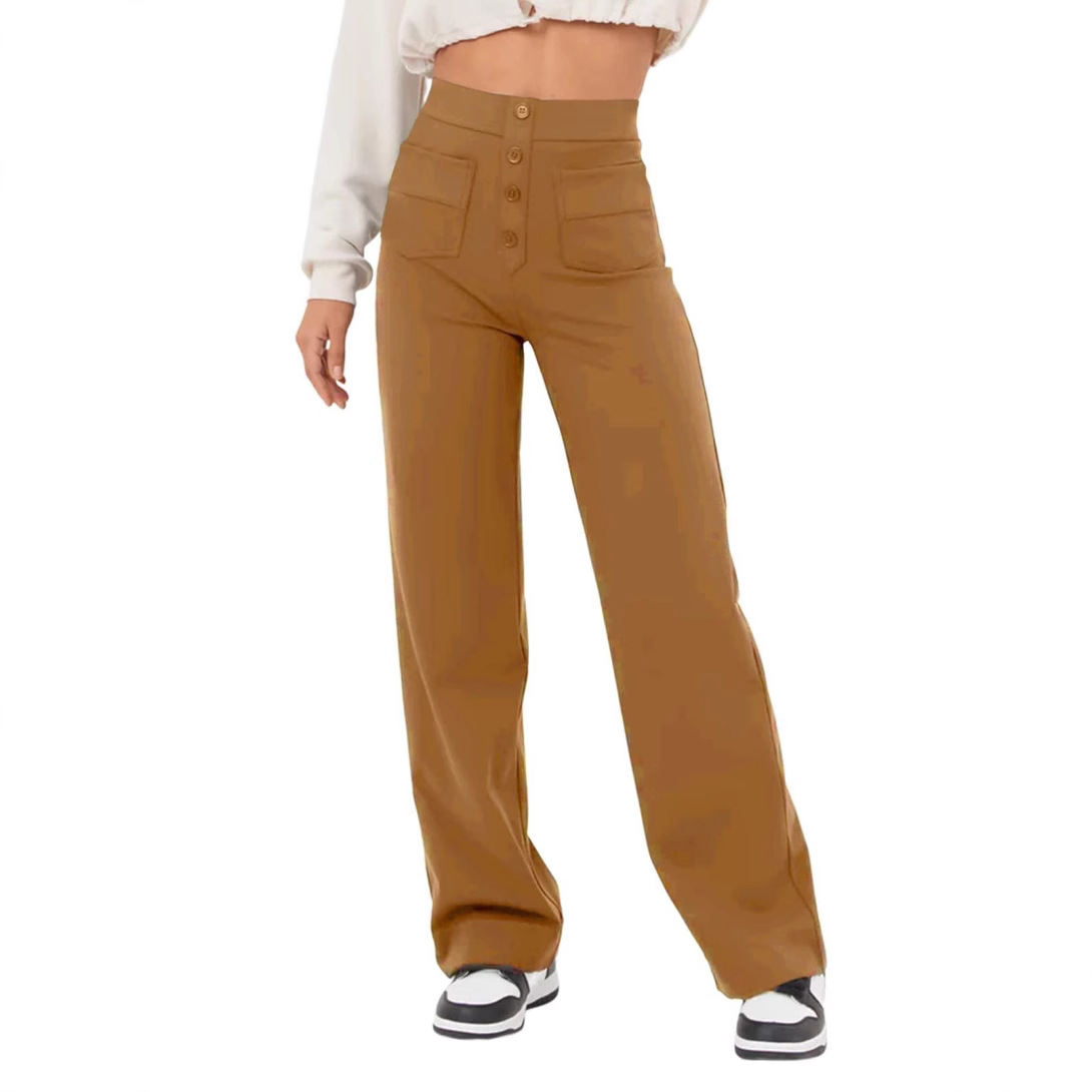 New Women's Black Casual Straight Leg Pants High Waist Elastic Buttons Multiple Pockets_ecoleips.com