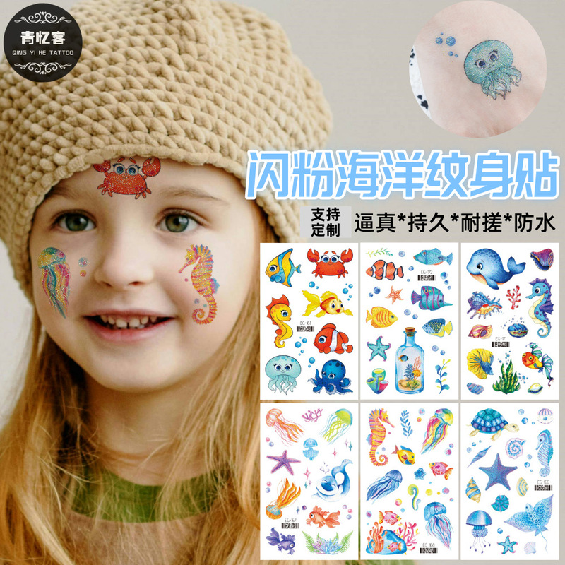 Cross-Border Supply Wholesale Glitter Sea Animal Temporary Tattoo Stickers Children Cartoon Whale Pattern Stickers Waterproof
