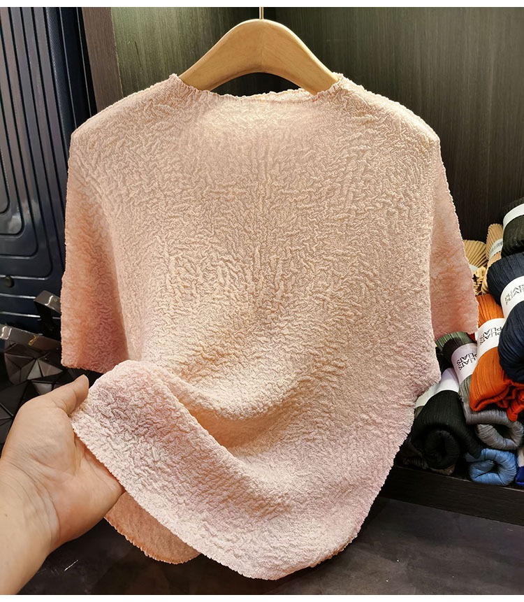 Áo thun cổ tròn tay ngắn hoa nhỏ cao cấp dáng rộng xếp ly nữ mùa hè — màu xanh nước biển, Màu đen, Màu hồng, Màu xám chi tiết 25