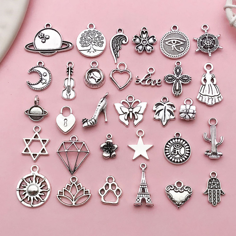 Mixed 30 Styles of Ancient Silver Xizang Silver Six-Pointed Star Iron Tower Butterfly Alloy Set Accessories DIY Bracelet Necklace Pendant