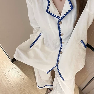 甜美撞色设计感睡衣女夏季新款2025大码舒适开衫长裤家居服两件套
