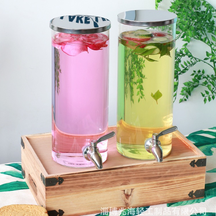 婚庆甜品台玻璃果汁罐带龙头木底座家用高硼硅耐热酒店自助饮料桶