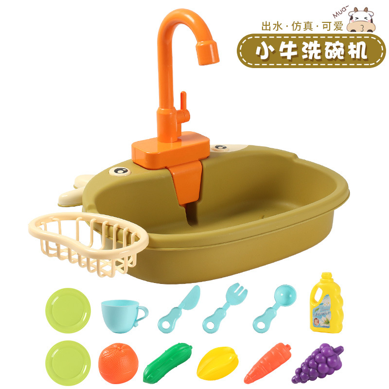 Juguete de grifo eléctrico con diseño de vaca de dibujos animados, juego de simulación de cocina para niños, lavado de platos, estufa de simulación, botella soplable, frutas y verduras