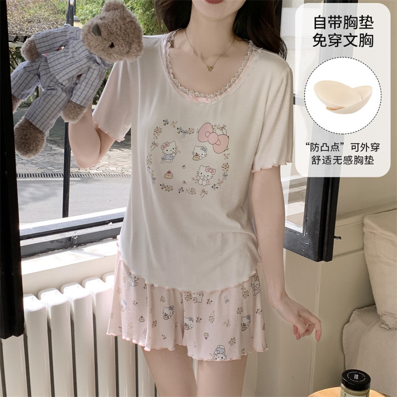 New Pajamas for Women Modal Cool with Chest Pads Women's Short-Sleeved Shorts Summer Cartoon Cute Home Wear Set