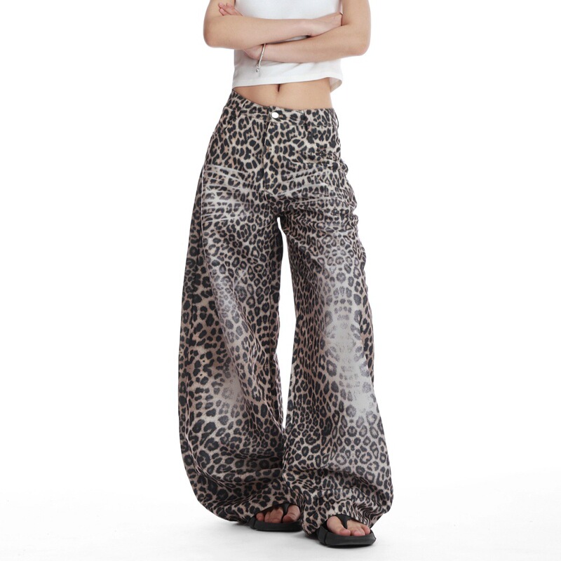 American-Style Cat Whisker Leopard Print Scimitar Jeans Unisex Trendy Retro Spicy High-Waisted Loose Versatile Casual Wide-Leg Pants