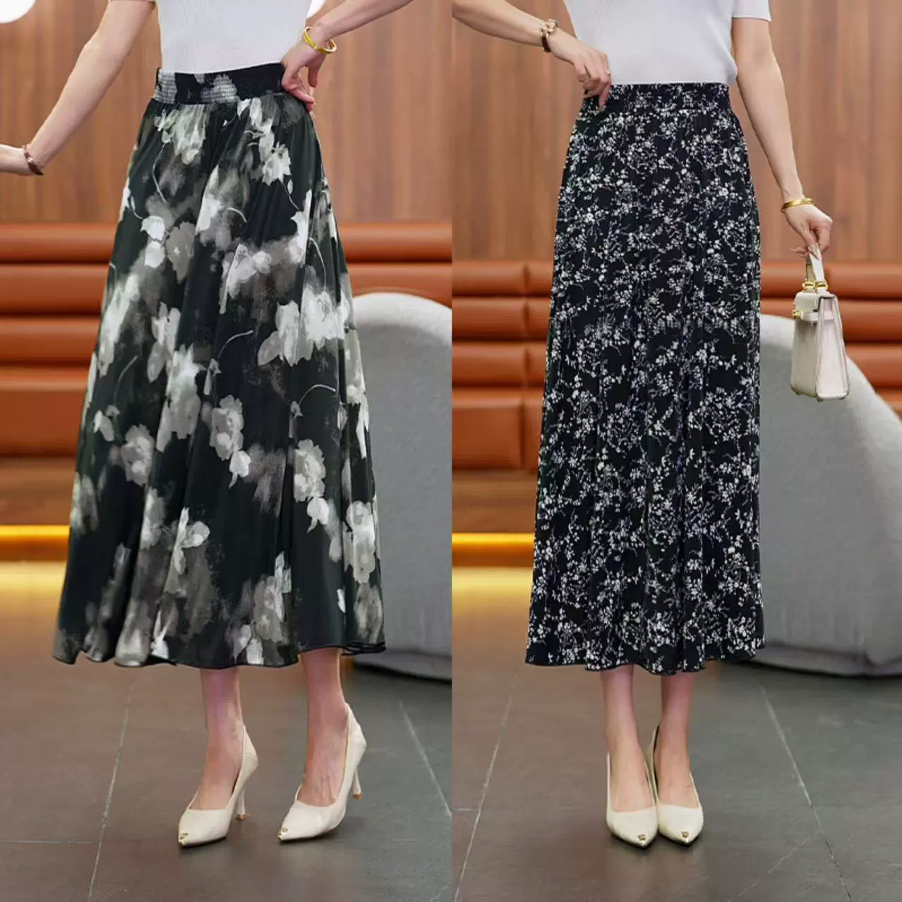 Летняя юбка для похудения с высокой талией и цветочным принтом, универсальная весенне-летняя модная тонкая юбка с высокой талией и драпировкой.