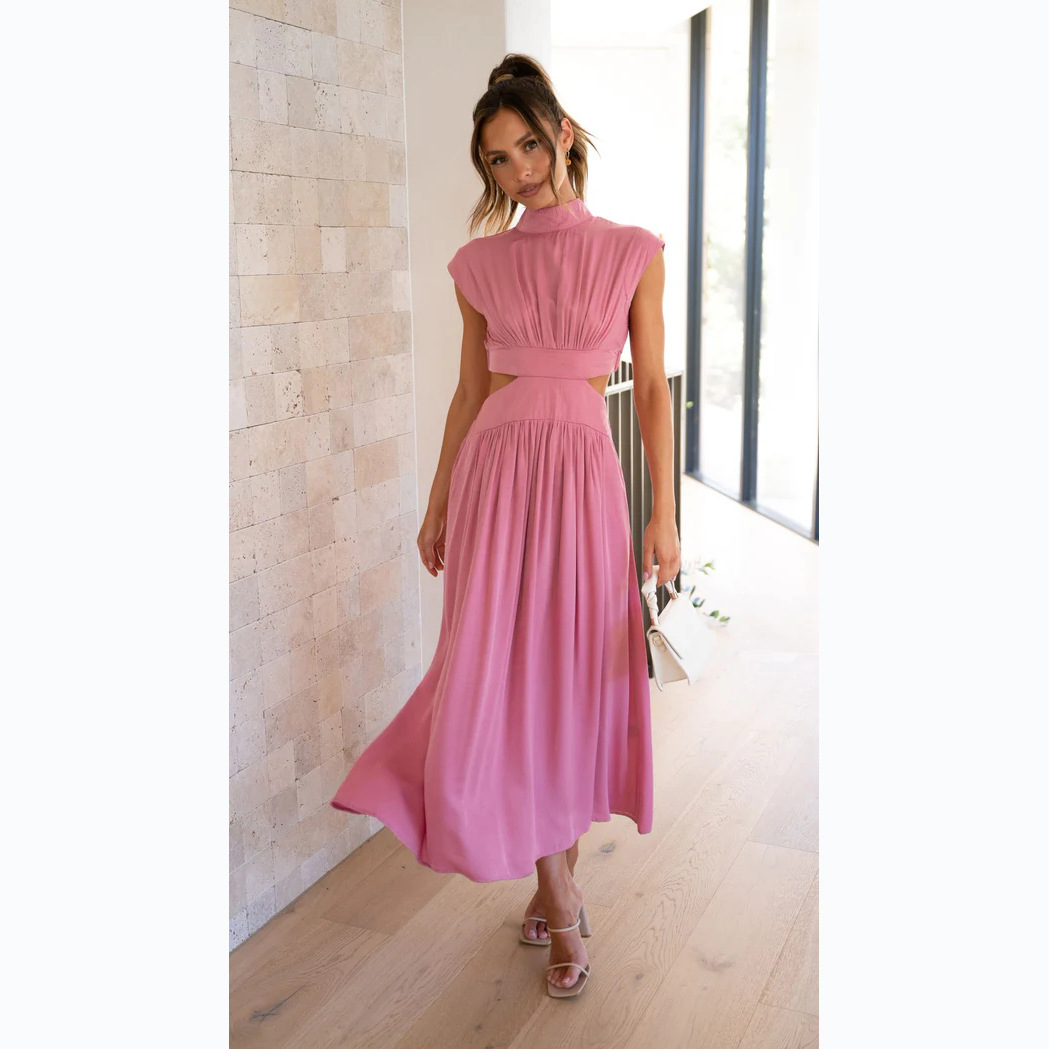 23 years of European and American foreign trade sweet fashion street summer new stand collar solid color exposed waist long dress 23003