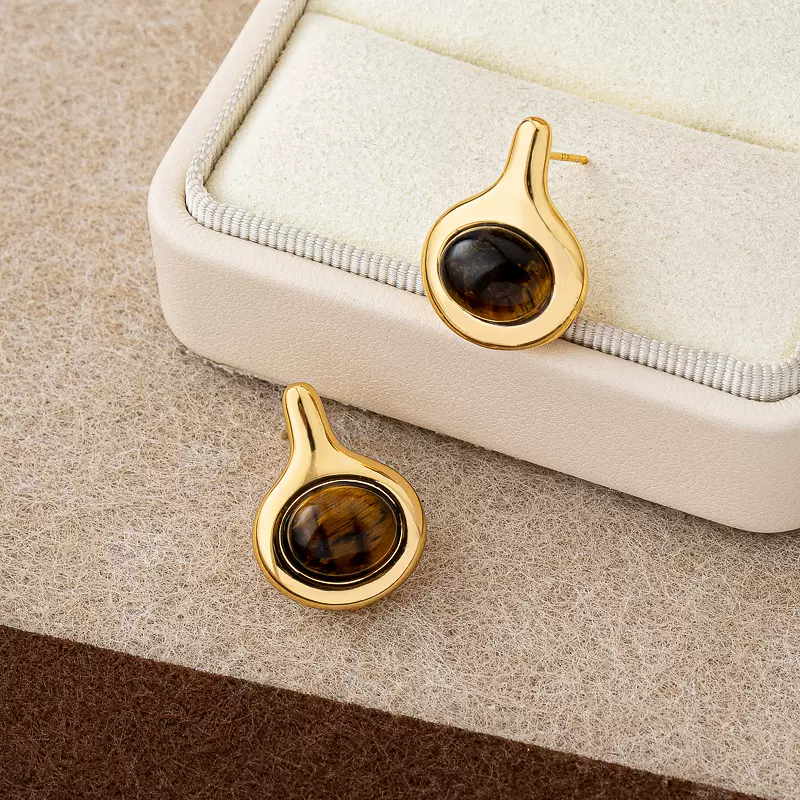 时尚百搭水滴几何形虎眼黑水晶耳钉轻奢高级设计感撞色气质耳饰