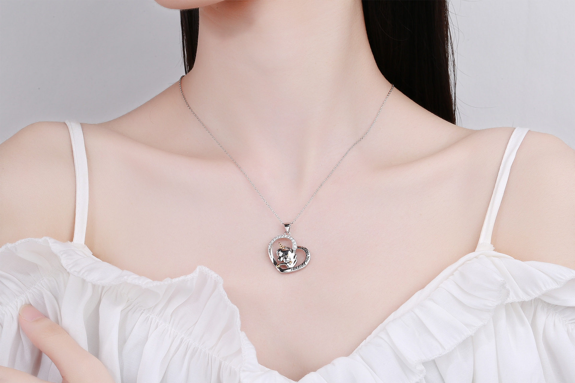 Lady Heart Shape Unicorn Copper Inlay Rhinestones Pendant Necklace 1 Piece