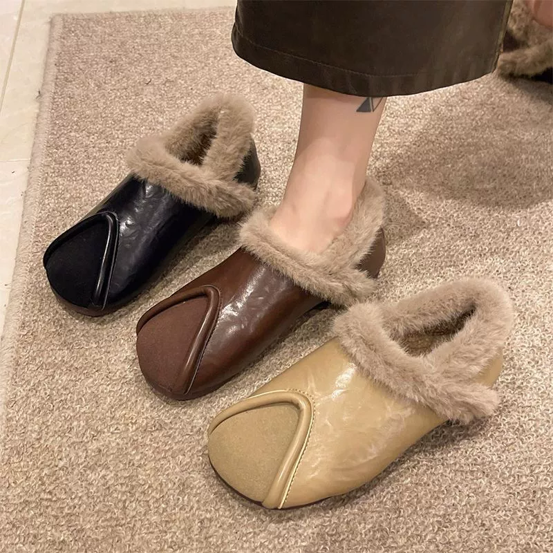 2024 зимняя новая женская бархатная бобовая обувь плоская педаль теплая мягкая подошва повседневная обувь мама шерстяная хлопчатобумажная обувь
