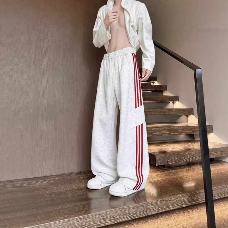 Red Striped Sweatpants for Men, Spring and Autumn Trendy American Style Casual Pants for Teenagers, Loose Straight Wide-Leg Heavyweight Sports Pants