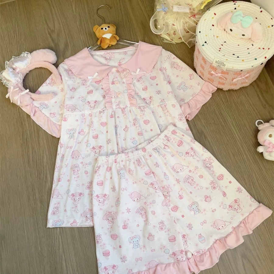 Пижама с коротким рукавом, корейский стиль, воротник-кукла, милый принт, размеры S–2XL