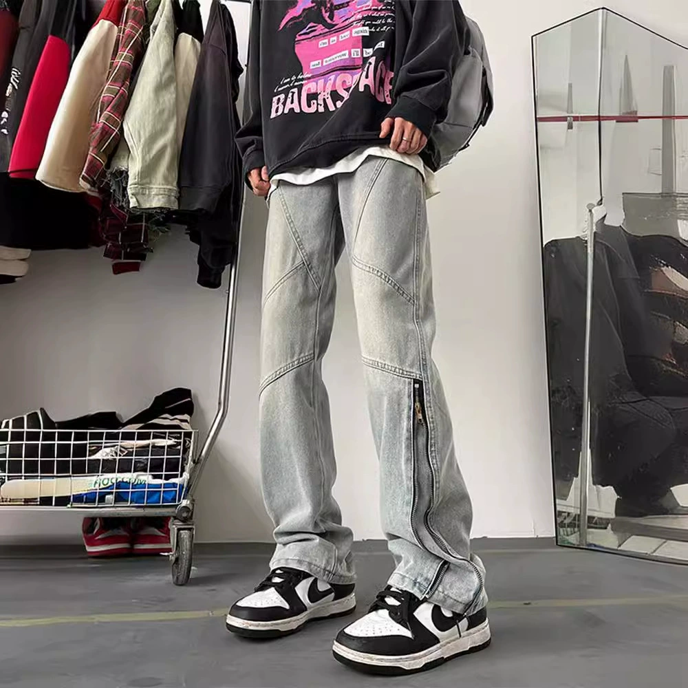 Американский ретро джинсы на молнии мужской 2024 новый летний повседневный прямой микро-лак брюки высокой улицы vibe прилив бренда