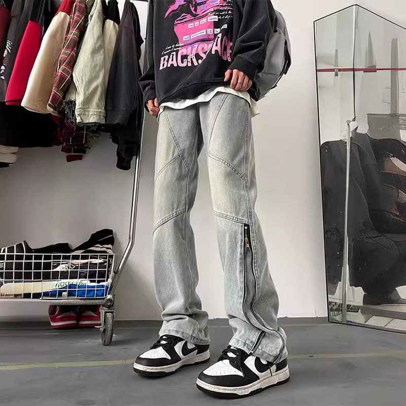 American Style Retro Zipper Jeans Men's 2024 New Summer Casual Straight Slight Pants High Street Vibe Fashion Brand