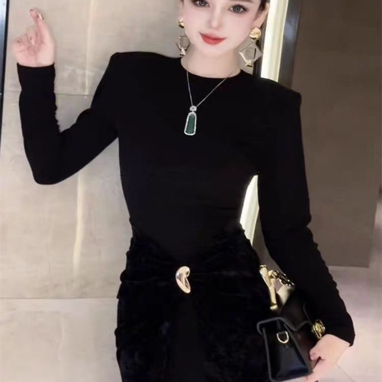 2025秋季网红新款假两件连衣裙女轻奢名媛风丝绒拼接修身显瘦长裙|undefined