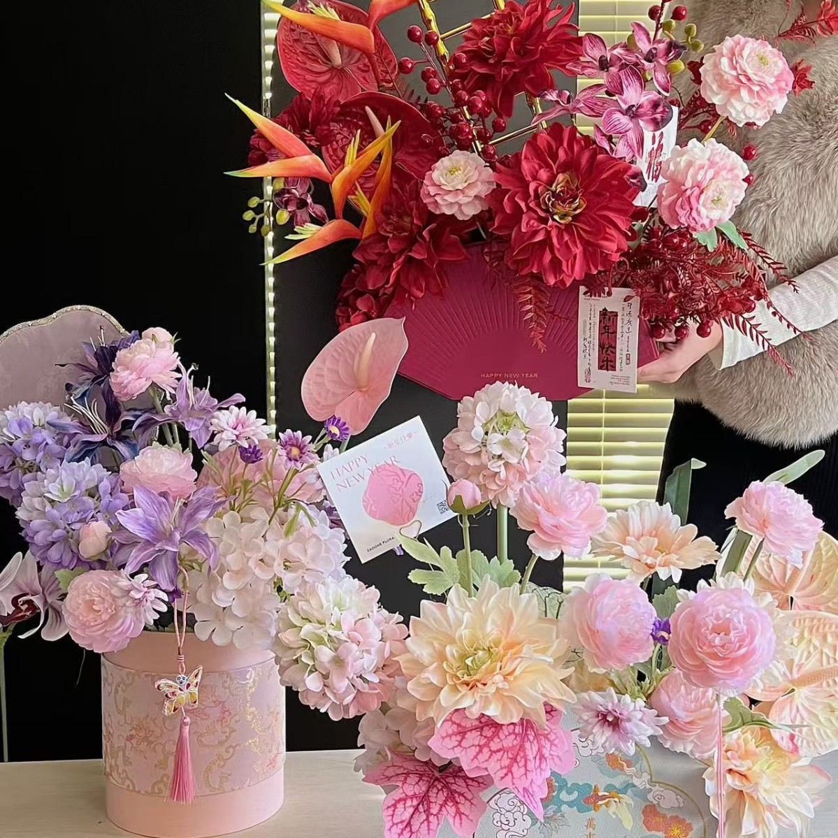 꽃이 피고 부와 새해맞이 붉은 조화 재료 팩(3세트)