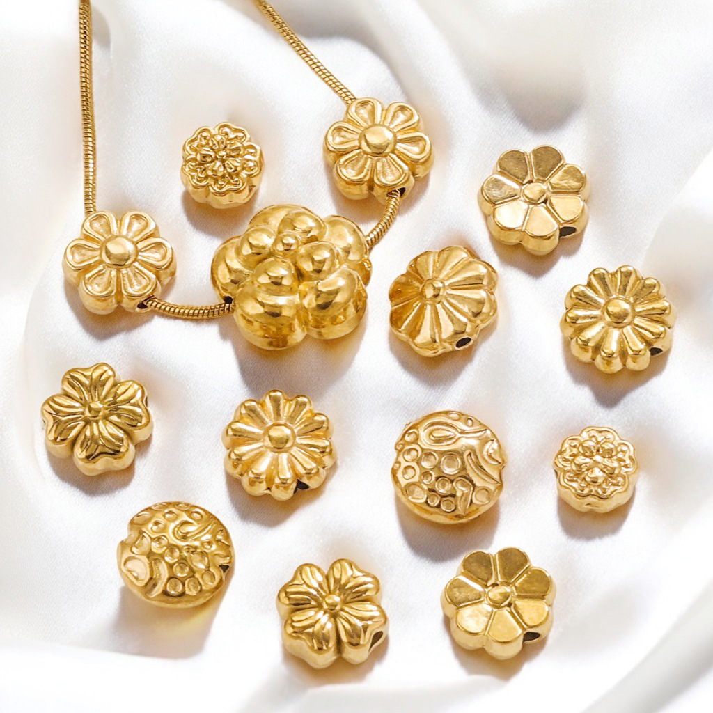 Cuentas perforadas de acero inoxidable, flores de lavanda, tabiques, cuentas, collares colgantes dorados, joyas de bricolaje, pulseras al por mayor