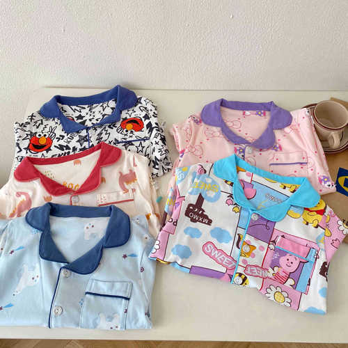 Hucai Autumn/Winter New Children's Cartoon Crew Neck Casual Comfortable 100% Cotton Open Front Pajama Set Home Clothing Set