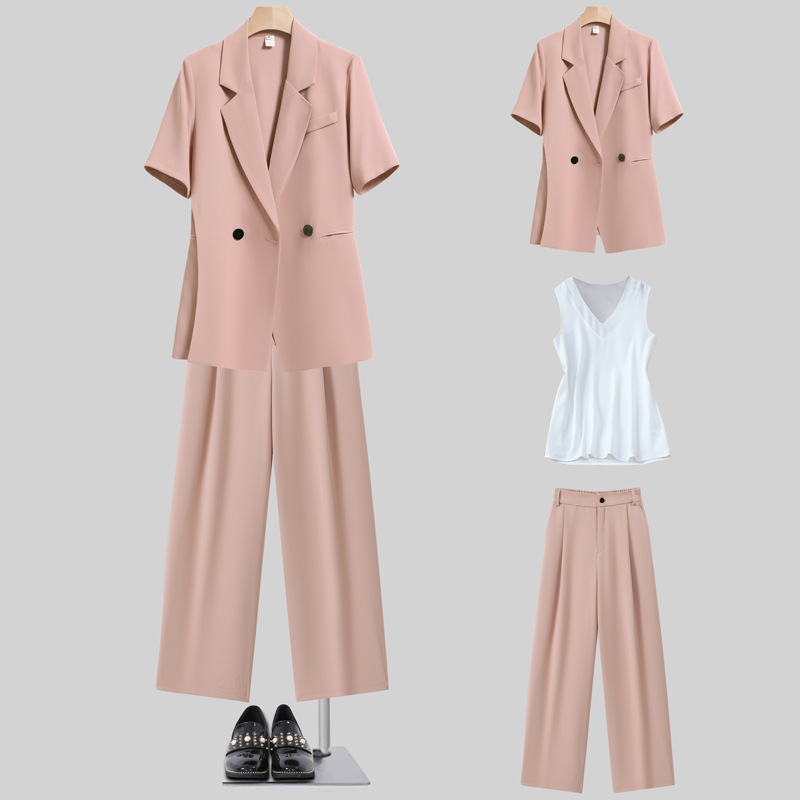 Women's Clothing Summer thin suit wide leg pants suit women's large size women's clothing fat MM 200 pounds loose short sleeved suit jacket_voghion.com