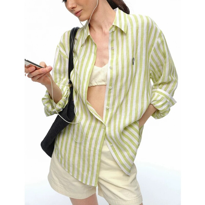 Qiao Mi 100% Linen Vertical Striped Shirt for Women, Long Sleeve, Loose Fit, Casual Commuter Shirt, Sun Protection Top, Summer Jacket