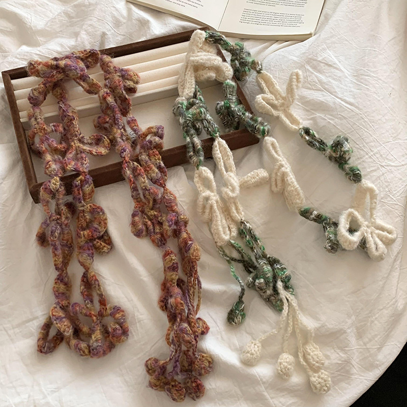 Bufandas de punto para mujeres 2025 nuevo color contrastante multifuncional lana tejida a mano ganchillo flor trenza collar original