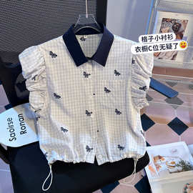实拍格子衬衫女夏新款韩系撞色衣翻领设计感减龄花苞袖短袖上衣