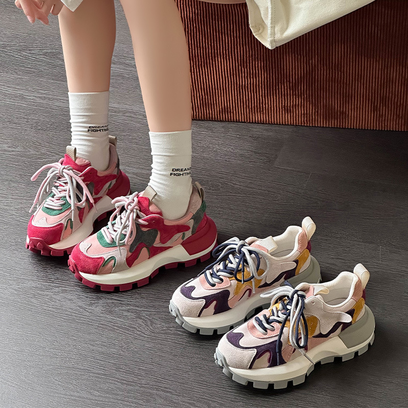 Genuine Leather Small Waist Thick-Soled Waffle Agam Shoes for Women 2025 New Autum Super Popular Sports Casual Versatile Dad Shoes