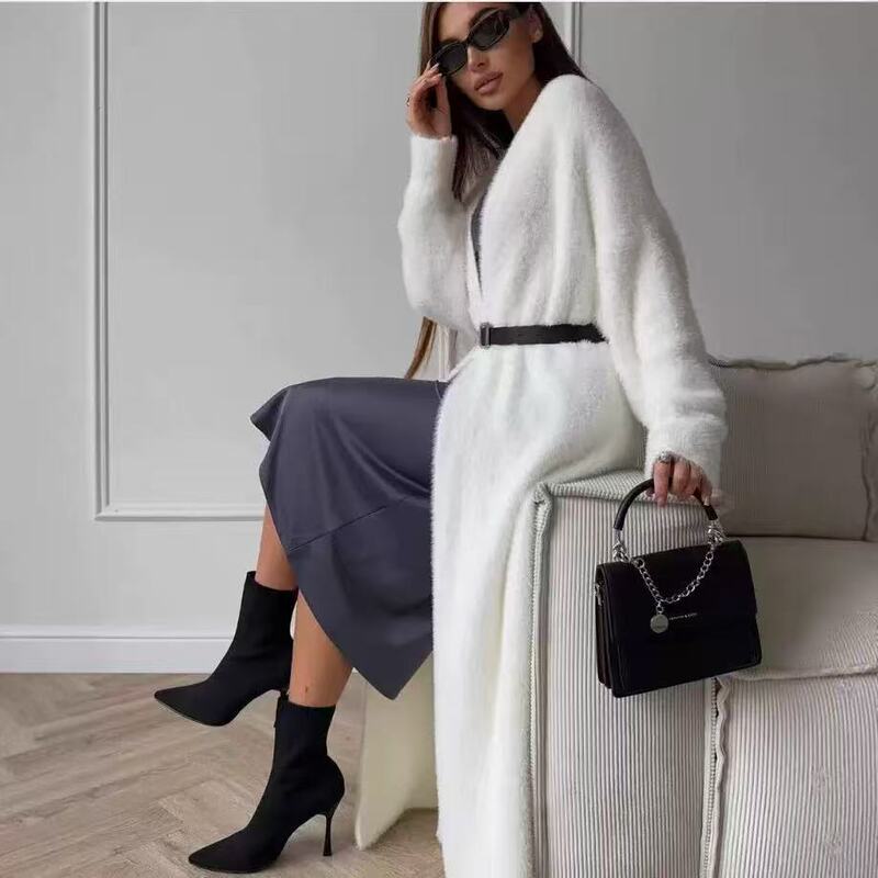 Cross-border imitation mink velvet white sweater cardigan coat coat women's autumn and winter loose plush fluffy long cardigan