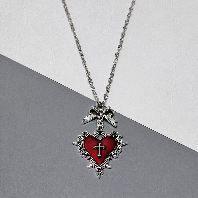Dark Gothic Punk Red and Black Heart Bow Cross Necklace Retro Clavicle Chain Ins Style Clavicle Chain