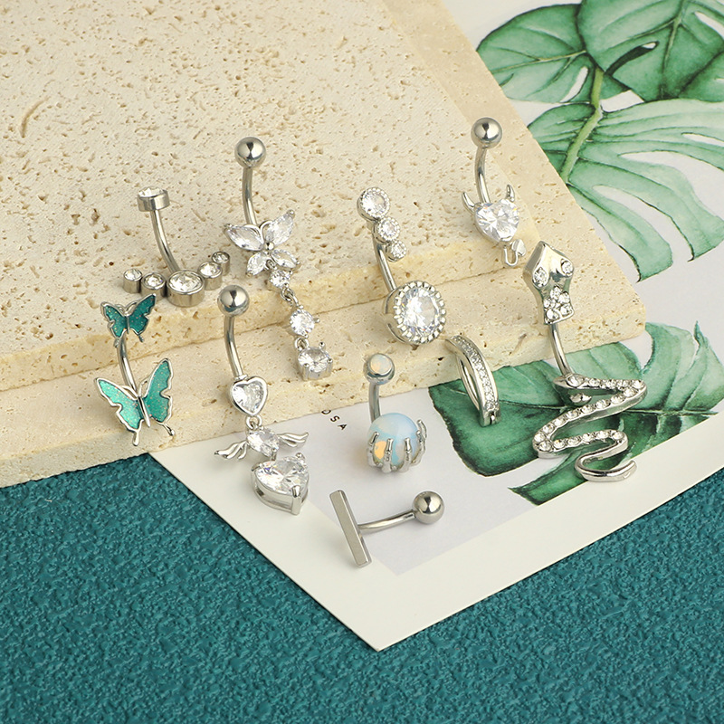 Amazon New Inlaid Zircon Love Belly Button Ring Butterfly Inverted Belly Button Nail Snake Belly Button Ring Piercing Jewelry 10 Pieces detail image 15