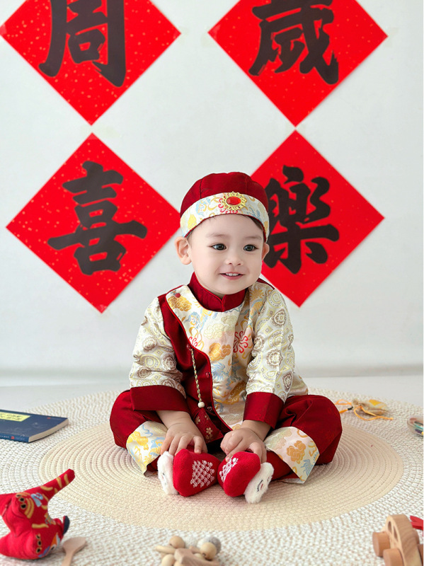 宝宝抓周礼服新中式一周岁生日宴喜庆唐装男宝春秋百天周岁宴套装|undefined