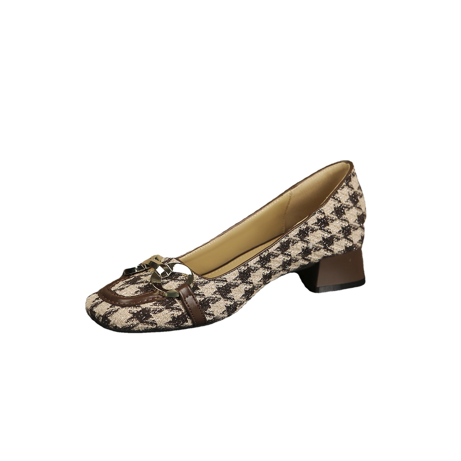 Houndstooth Square Toe Casual Single Shoes Women Summer New Metal Chain Low Heel Shallow Mouth S Soft Bottom Slip On_voghion.com