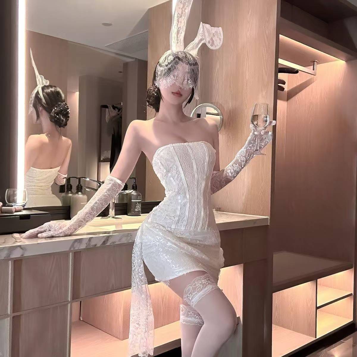 Lace Strapless Mini Dress Costume with Gloves, Stockings and Cat Ears, White One Size — detail image 3