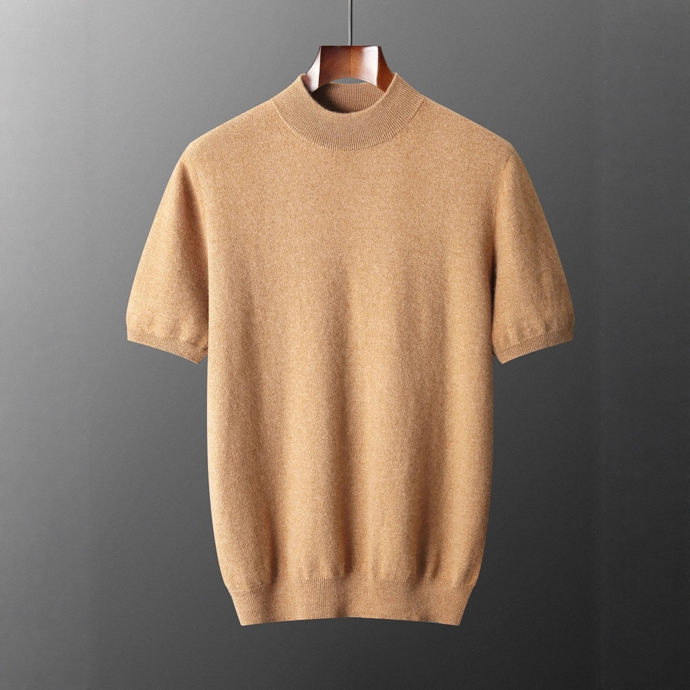 Men's Half-Turtleneck Cashmere Sweater, Short-Sleeve, Loose Fit, Large Size, Pullover Knitwear, Solid Color