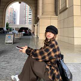 2024春秋新款美式复古磨毛格子衬衫上衣慵懒风宽松衬衣外套女