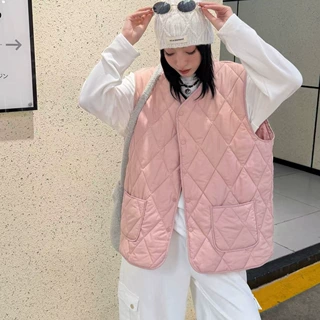 冬季大码系扣菱格保暖马甲女口袋行棉背心内搭打底坎肩防寒小棉袄