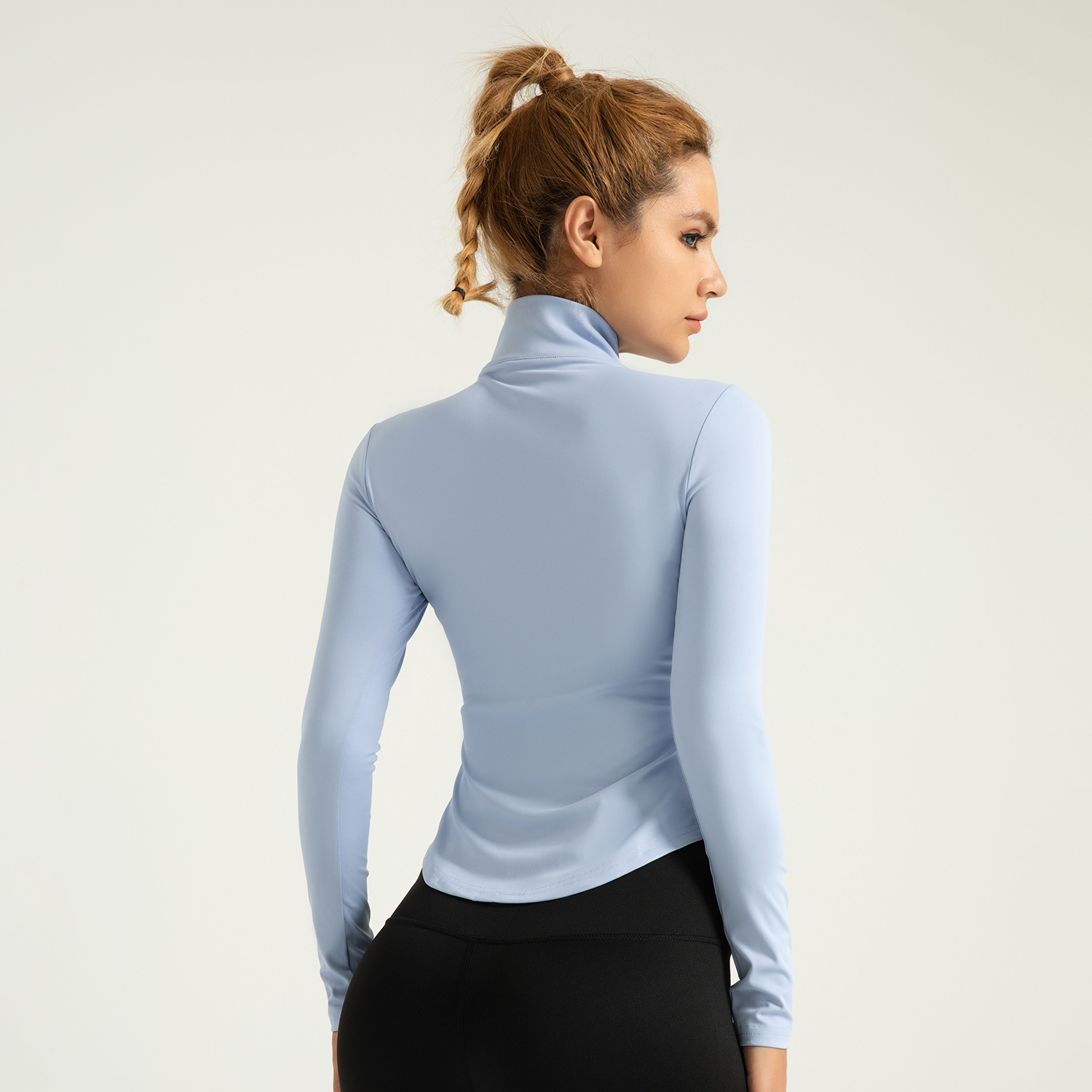 Área transfronteriza con cremallera protector solar, ropa de yoga desnuda, piel apretada, ropa deportiva transpirable, mujer