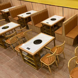火锅店猪肚鸡餐厅大理石火锅桌电磁炉桌椅含三层金色菜架板式卡座