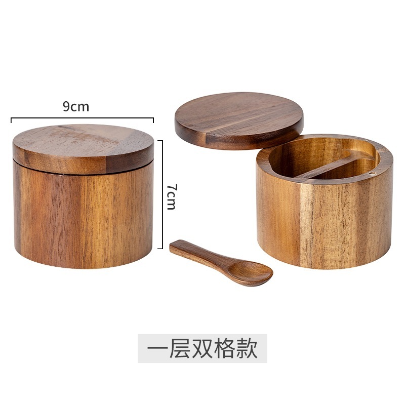アカシアの木の塩の缶の木の調味料の箱の木製の胡椒の粉の箱の台所の調味料の瓶の塩の箱は調味料の缶を収納します。|undefined