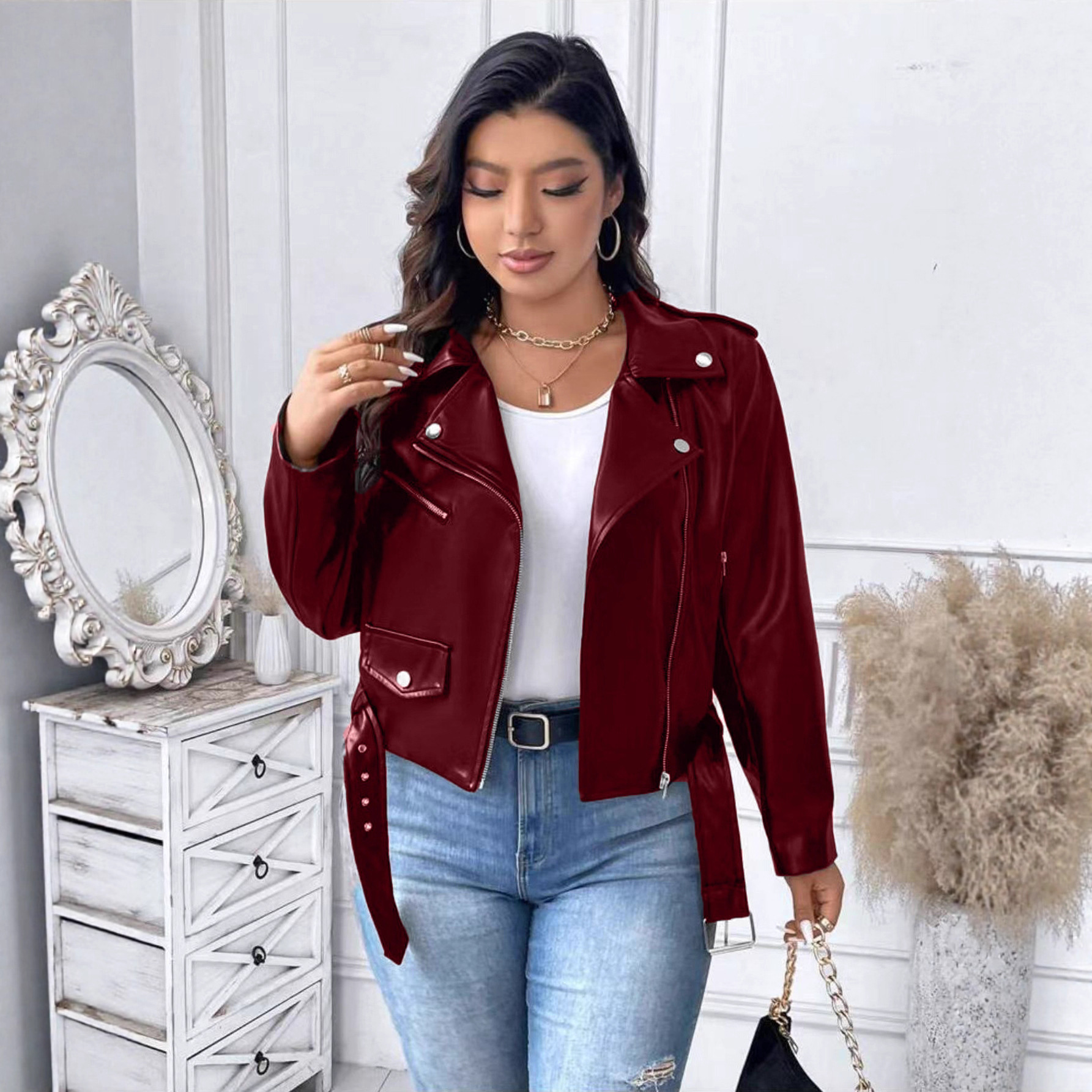 2025 Autumn and Winter New Style Lapel Leather Jacket Slim Motorcycle Pu Women's Leather Jacket with Belt Women's Leather Jacket Motorcycle Jacket Trendy